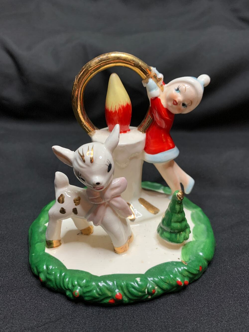 Vintage Japan Christmas Pixie Elf Fawn Candleholder Ceramic Figurine Unmarked